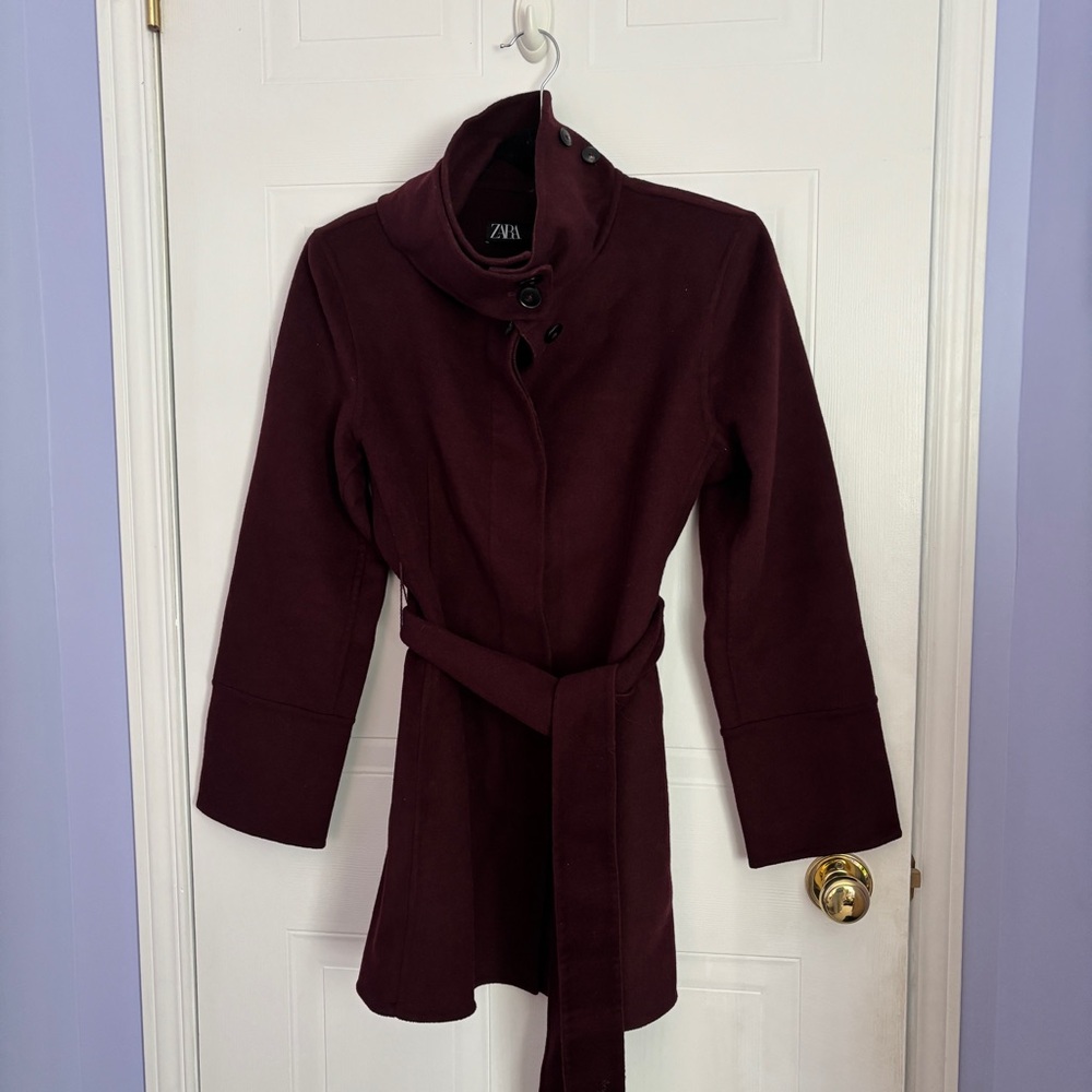 Zara Women's Burgundy Belted Wool-Blend Coat